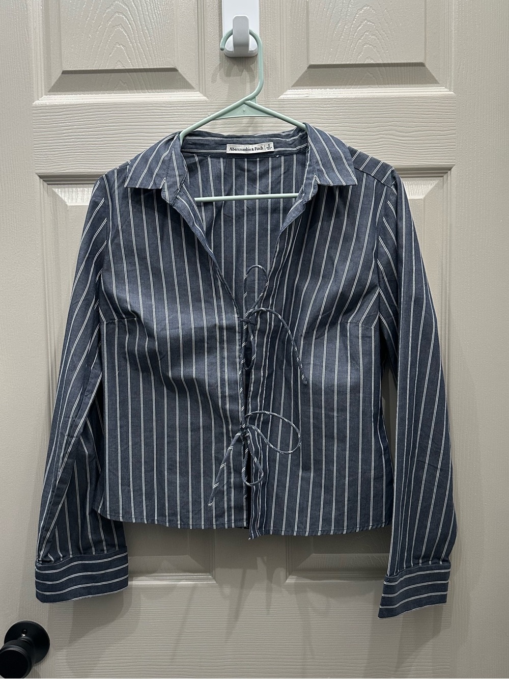 Abercrombie & Fitch Navy Pinstripe Tie-Front Blouse
